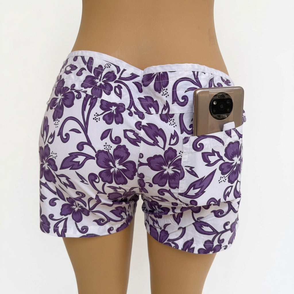 Shorts Playeros con Estampado Floral Morado y Bolsillo para Móvil - Estilo Tropical