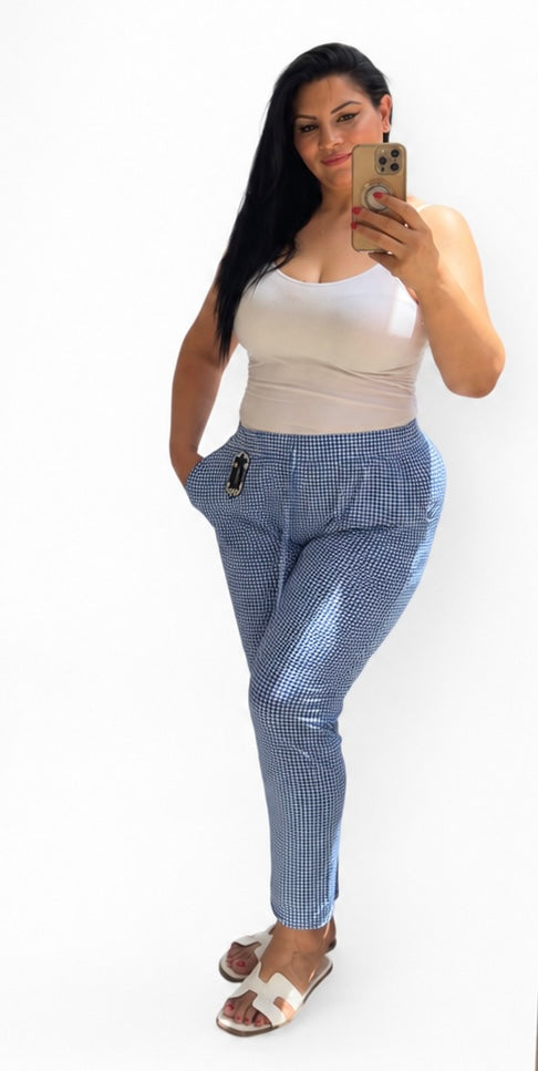 Pantalón Cuadros Vichy Azul – Cintura Elástica y Bolsillos