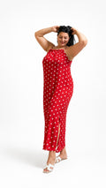 Vestido Largo Rojo de Lunares – Tirantes Finos y Abertura