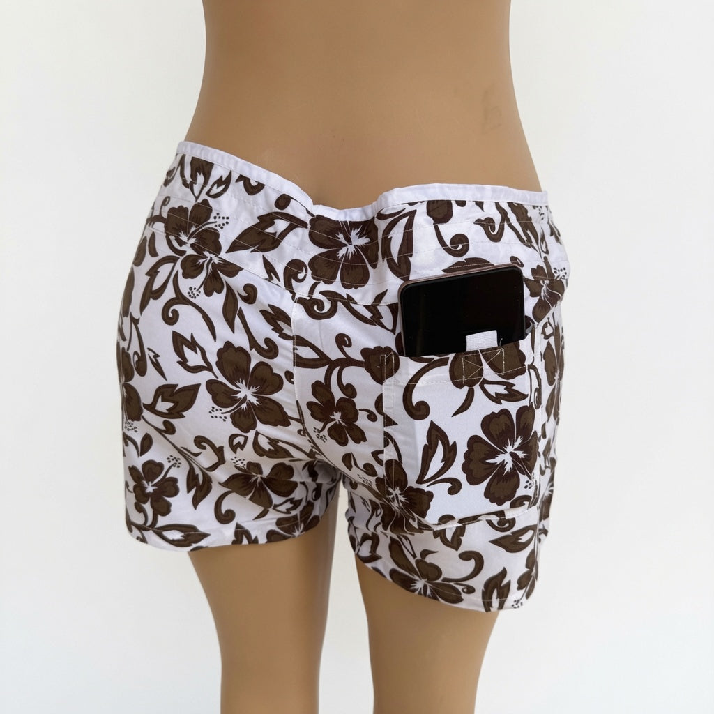 Shorts Playeros con Estampado Floral Marrón y Bolsillo para Móvil - Estilo Tropical