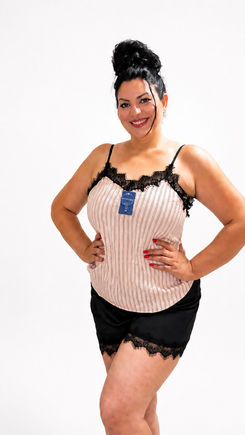 Conjunto de Pijama de Tirantes con Encaje y Short Satinado - Rosa Claro y Negro