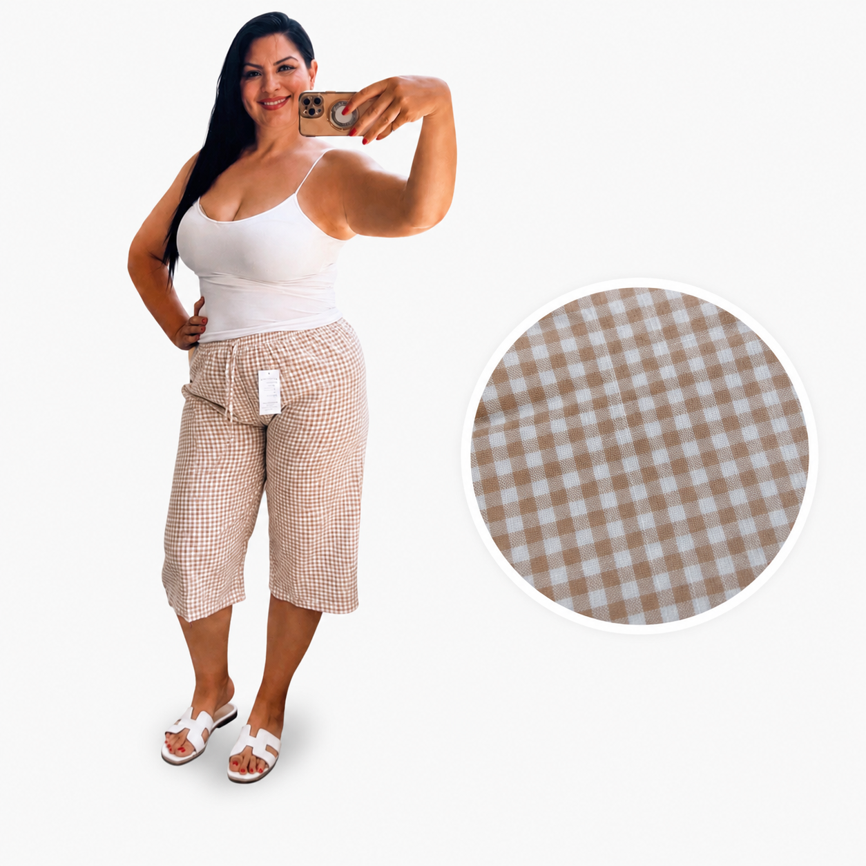 Pantalón Capri Cuadros Vichy Beige