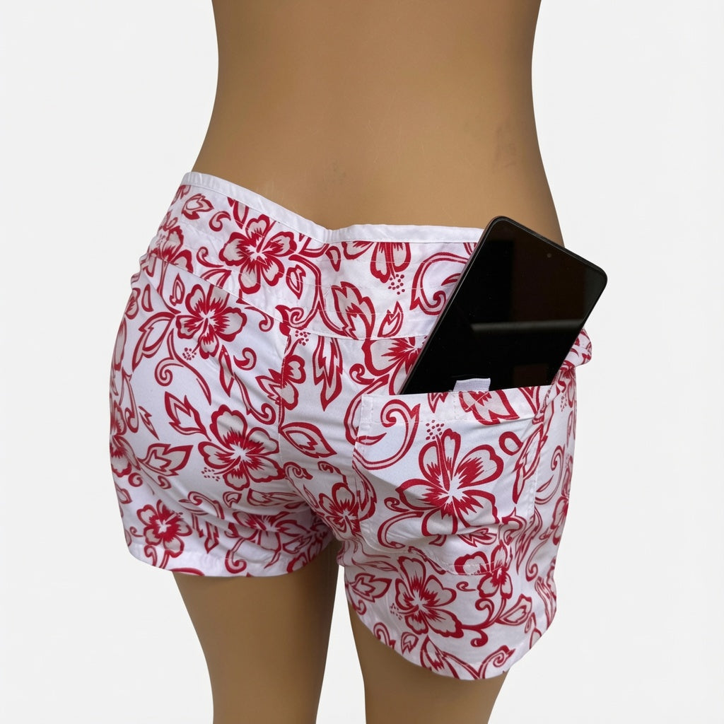 Shorts Playeros con Estampado Floral Rojo y Bolsillo para Móvil - Estilo Tropical