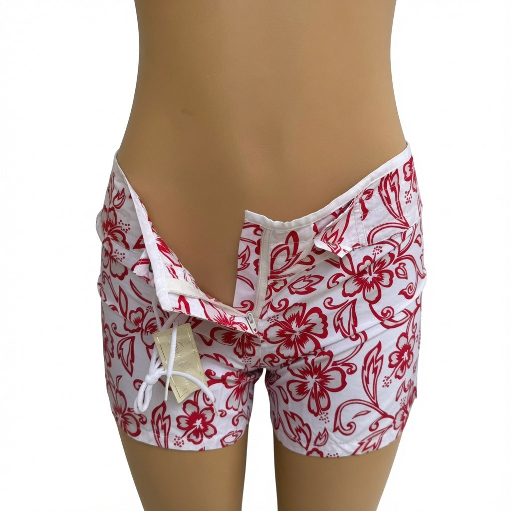 Shorts Playeros con Estampado Floral Rojo y Bolsillo para Móvil - Estilo Tropical