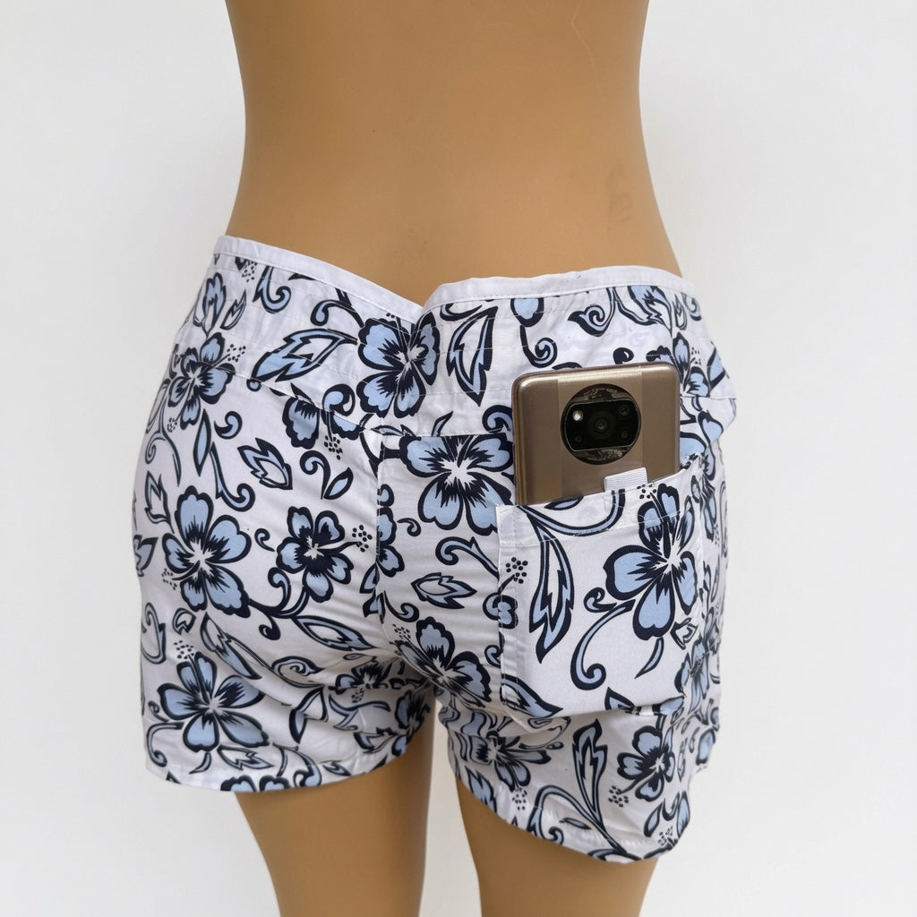Shorts Playeros con Estampado Floral Azul y Bolsillo para Móvil - Estilo Tropical