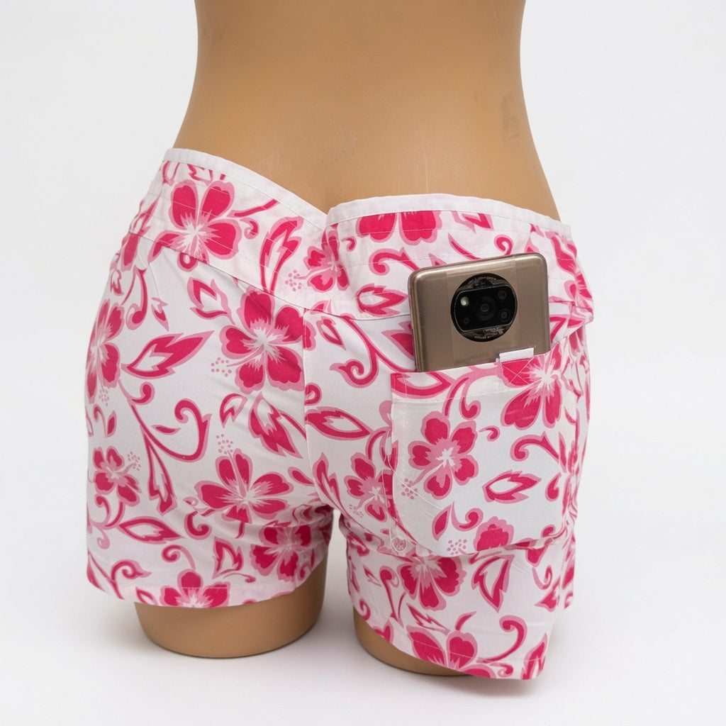Shorts Playeros con Estampado Floral Fucsia y Bolsillo para Móvil - Estilo Tropical