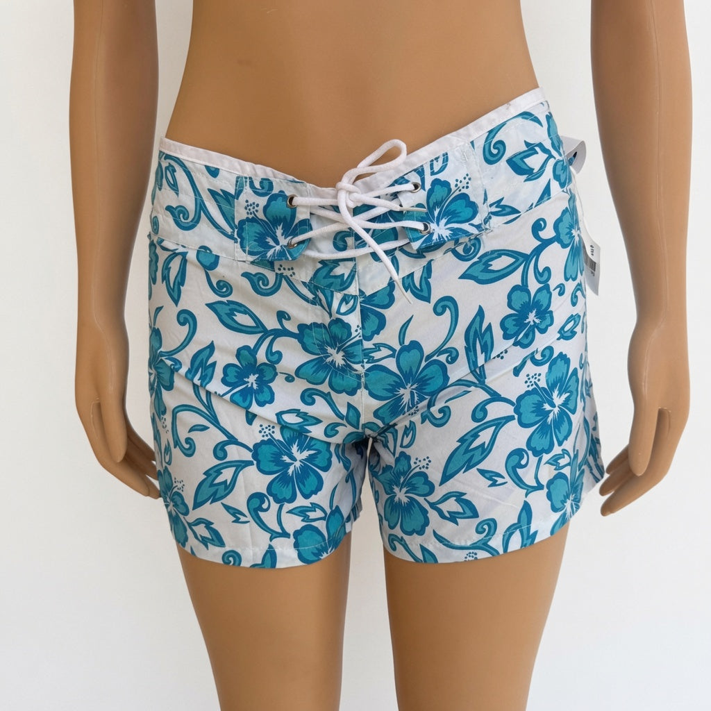Shorts Playeros con Estampado Floral Azul Turquesa y Bolsillo para Móvil - Estilo Tropical