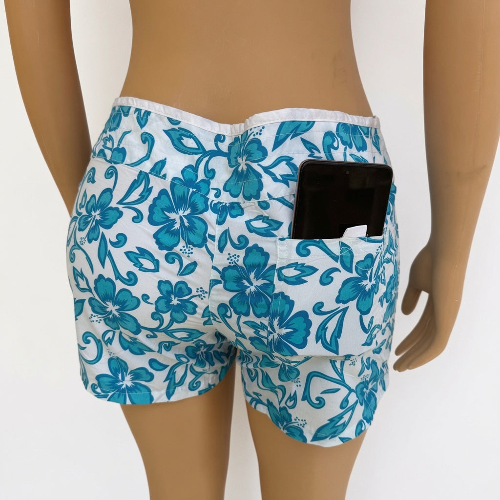 Shorts Playeros con Estampado Floral Azul Turquesa y Bolsillo para Móvil - Estilo Tropical